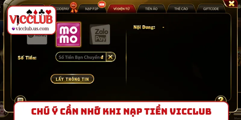 Chú ý cần nhớ khi thực hiện nạp tiền VICCLUB