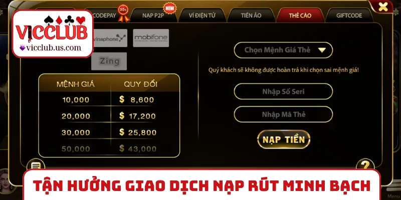 Tận hưởng giao dịch nạp rút minh bạch tại sảnh